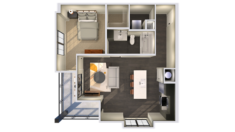 a 3d floor plan of a studio apartment with a kitchen and living room